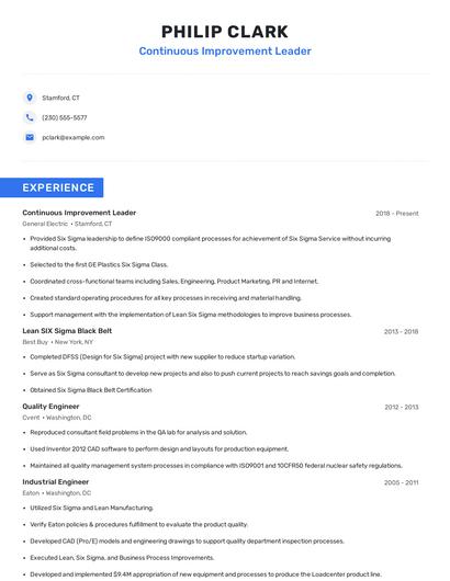 Continuous Improvement Leader Resume