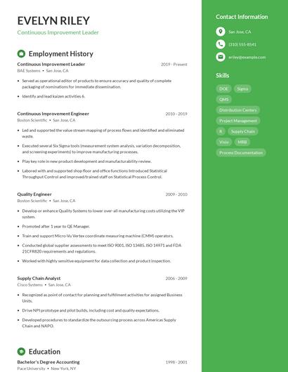 Continuous Improvement Leader Resume