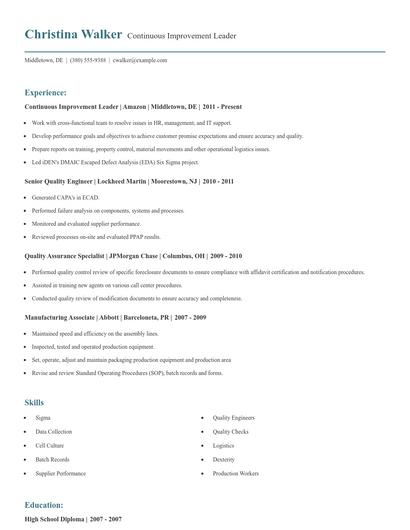 Continuous Improvement Leader Resume