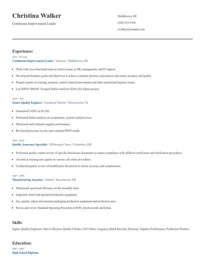 Continuous Improvement Leader Resume