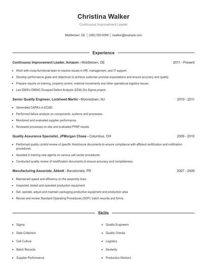 Continuous Improvement Leader Resume