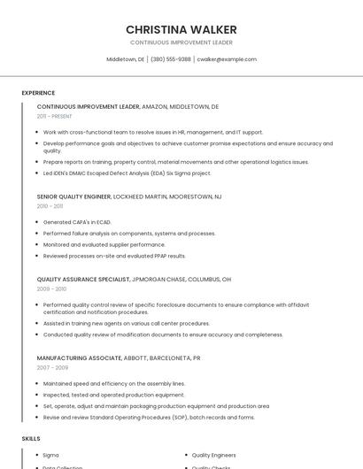 Continuous Improvement Leader Resume