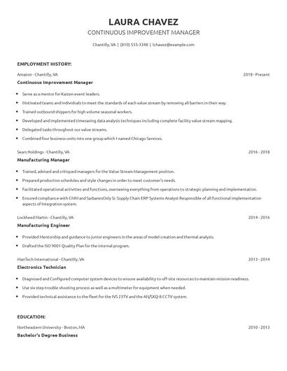 Continuous Improvement Manager Resume