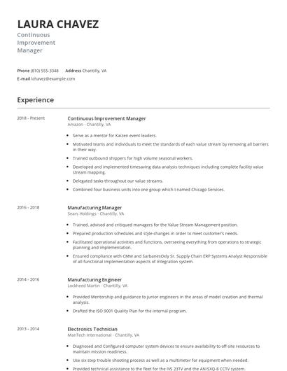 Continuous Improvement Manager Resume