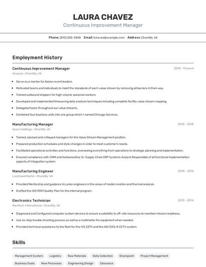 Continuous Improvement Manager Resume