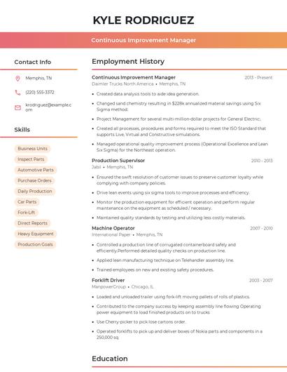 Continuous Improvement Manager Resume