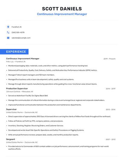 Continuous Improvement Manager Resume