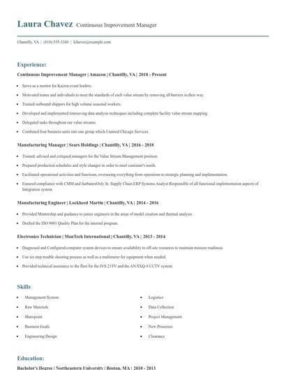 Continuous Improvement Manager Resume