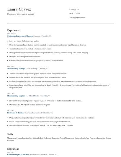 Continuous Improvement Manager Resume