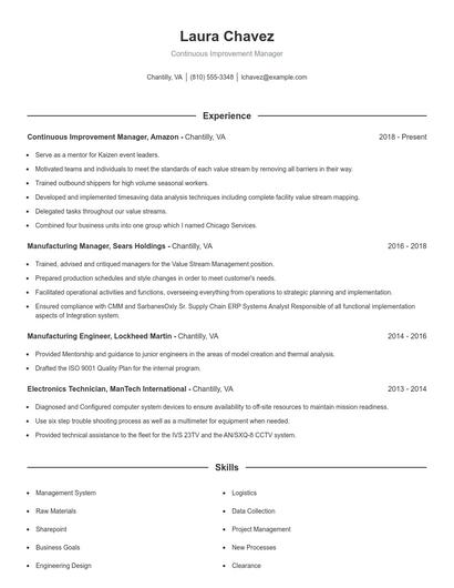 Continuous Improvement Manager Resume