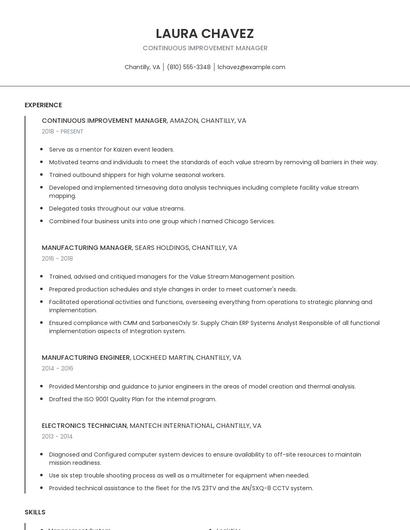 Continuous Improvement Manager Resume