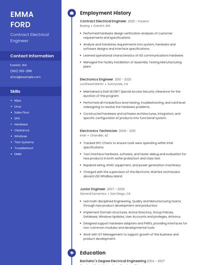 Contract Electrical Engineer Resume