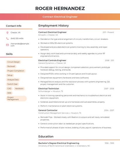 Contract Electrical Engineer Resume