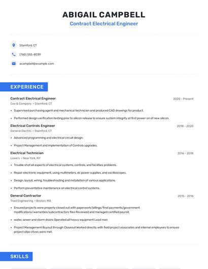 Contract Electrical Engineer Resume