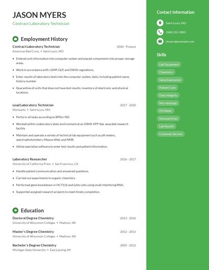 Contract Laboratory Technician Resume