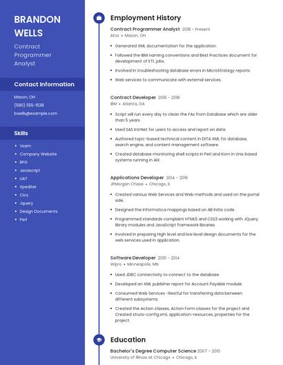 Contract Programmer Analyst Resume