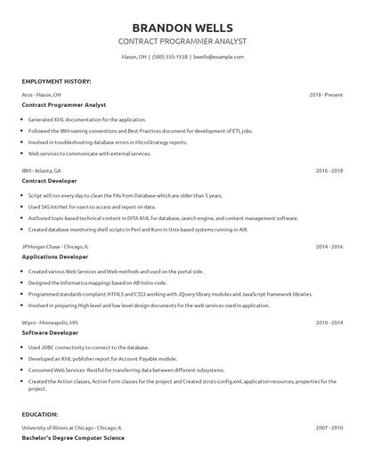 Contract Programmer Analyst Resume