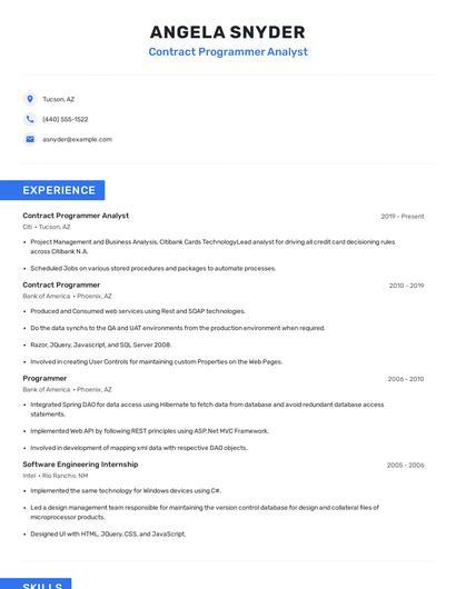 Contract Programmer Analyst Resume