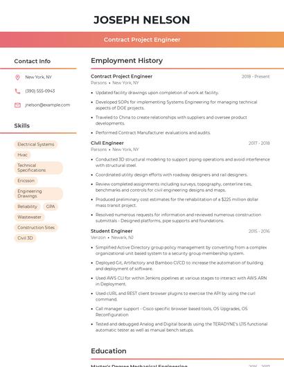 Contract Project Engineer Resume
