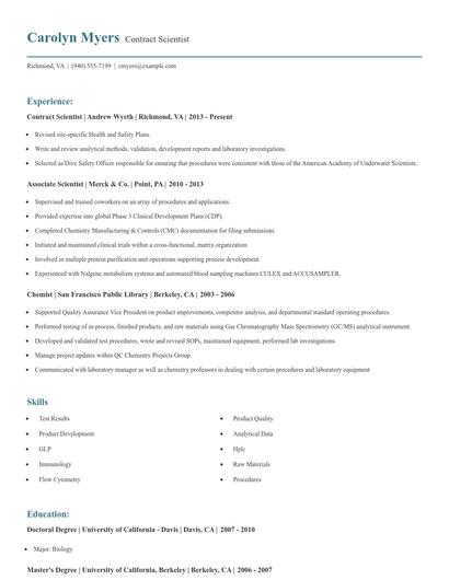 Contract Scientist Resume