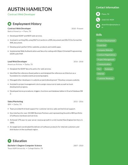 Contract Web Developer Resume
