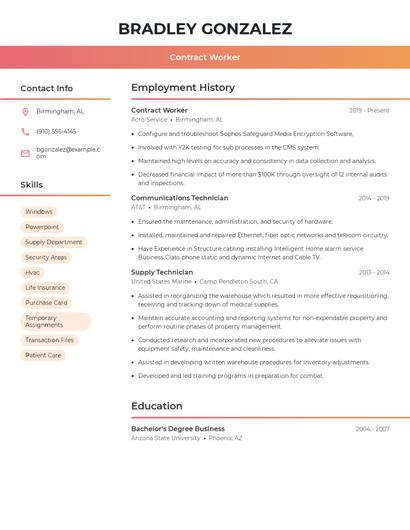 Contract Worker Resume