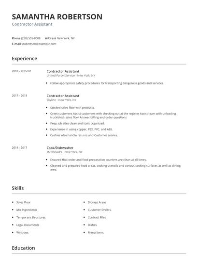 Contractor Assistant Resume