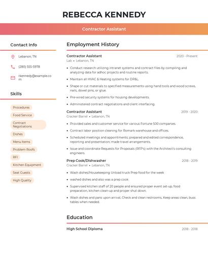 Contractor Assistant Resume