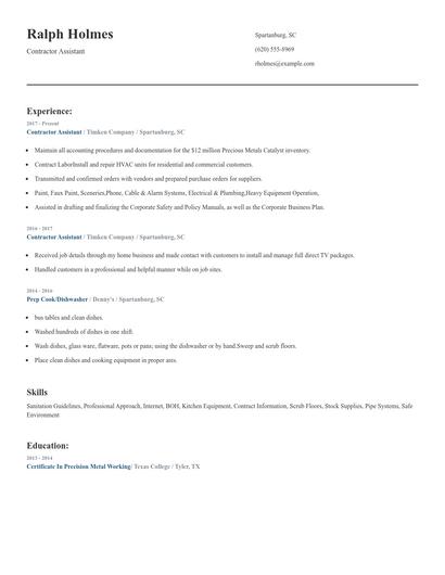 Contractor Assistant Resume