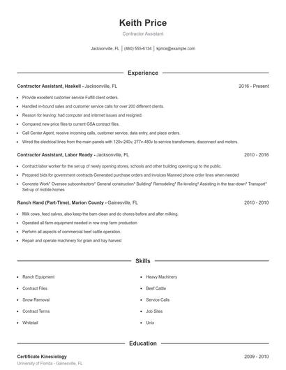 Contractor Assistant Resume