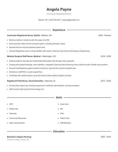 Contractor-Registered Nurse Resume