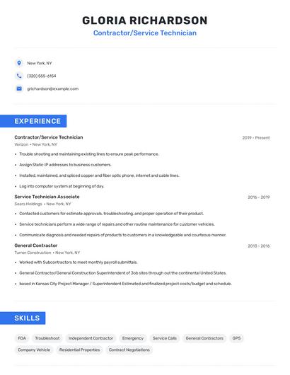 Contractor/Service Technician Resume