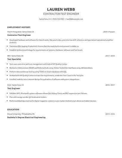 Contractor-Test Engineer Resume