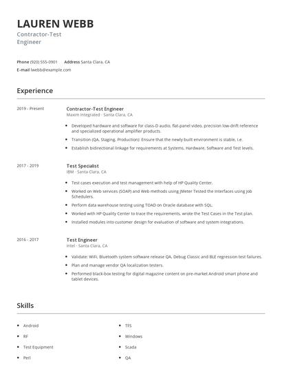 Contractor-Test Engineer Resume