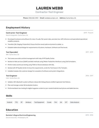 Contractor-Test Engineer Resume