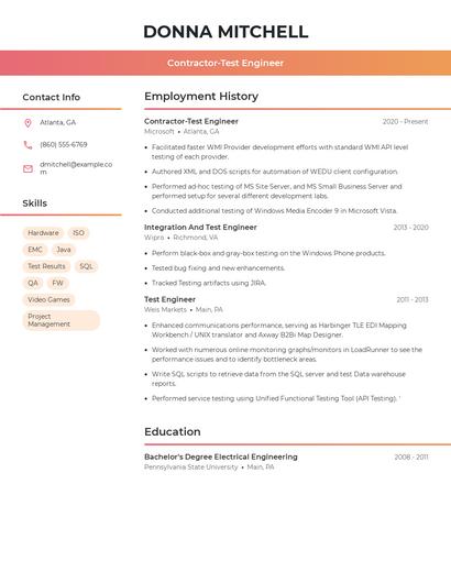 Contractor-Test Engineer Resume