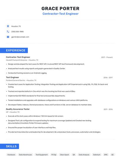 Contractor-Test Engineer Resume