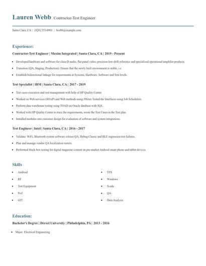 Contractor-Test Engineer Resume