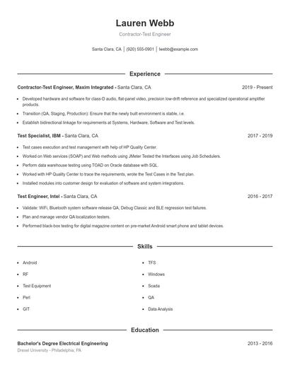 Contractor-Test Engineer Resume