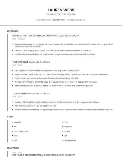 Contractor-Test Engineer Resume
