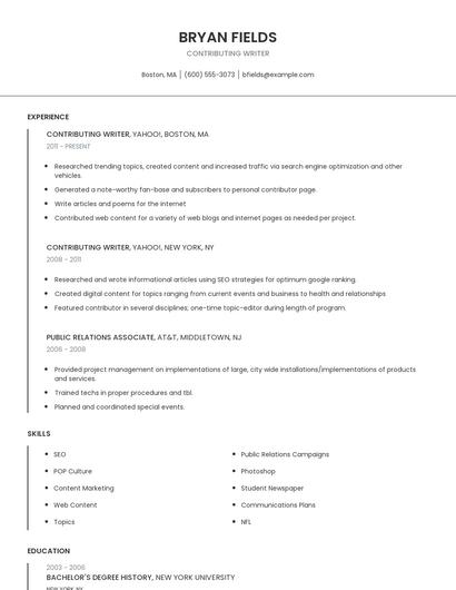 Contributing Writer Resume