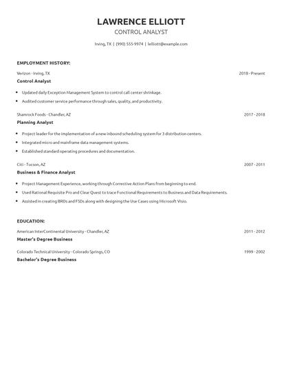 Control Analyst Resume