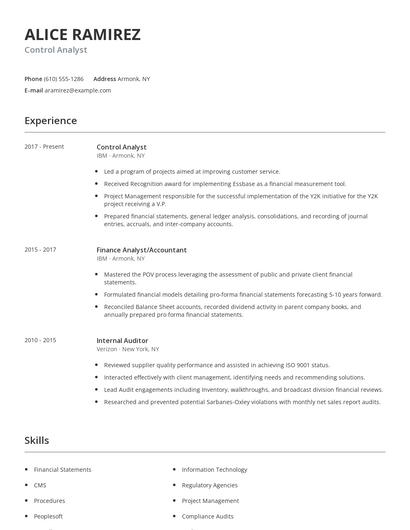 Control Analyst Resume