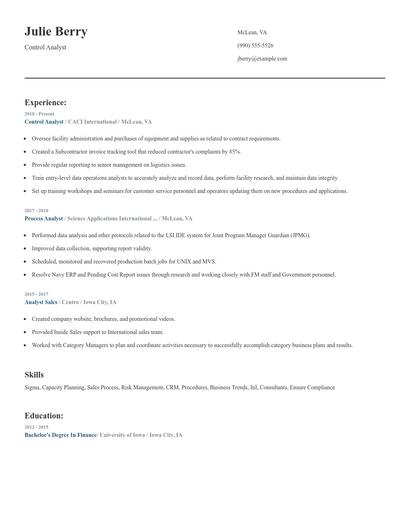 Control Analyst Resume
