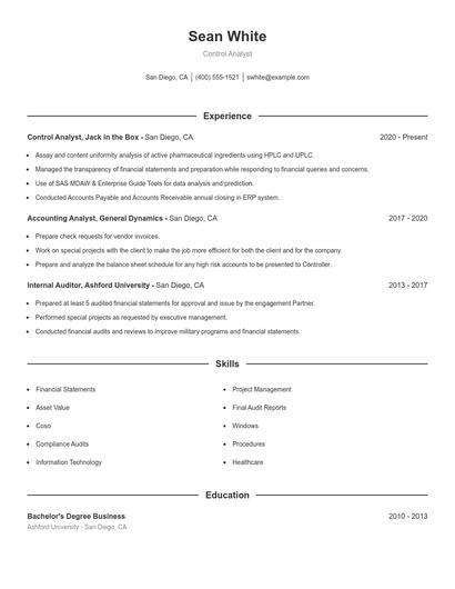 Control Analyst Resume