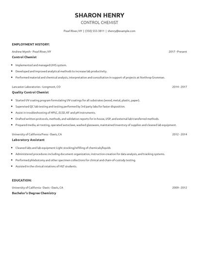 Control Chemist Resume