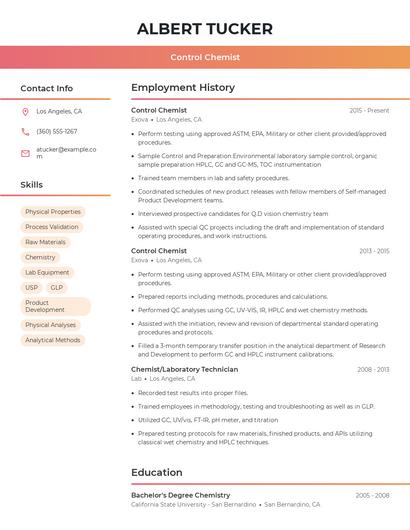 Control Chemist Resume