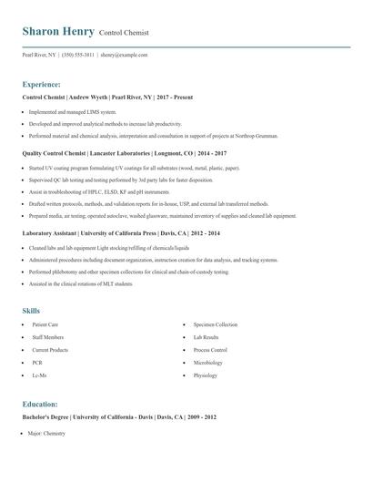 Control Chemist Resume