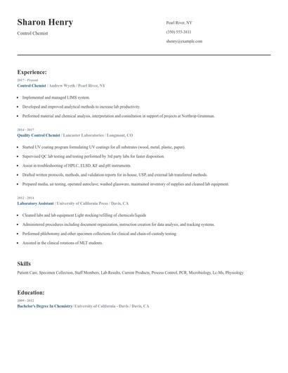Control Chemist Resume