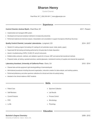 Control Chemist Resume